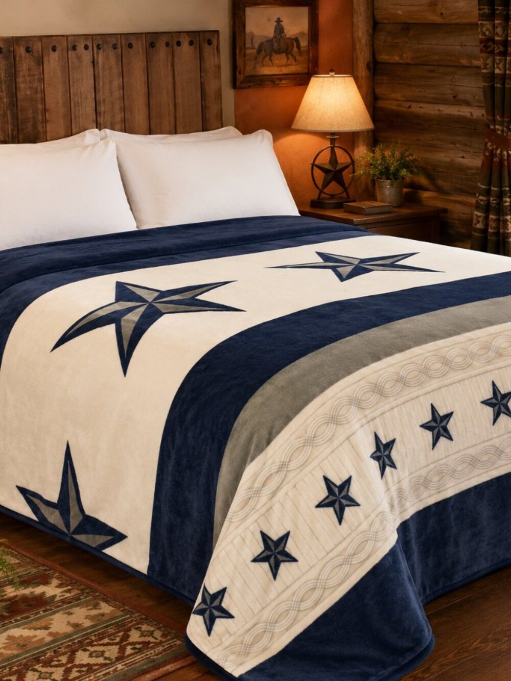 Cowboys Blanket King Size Super Soft Plush White Blue Silver Star